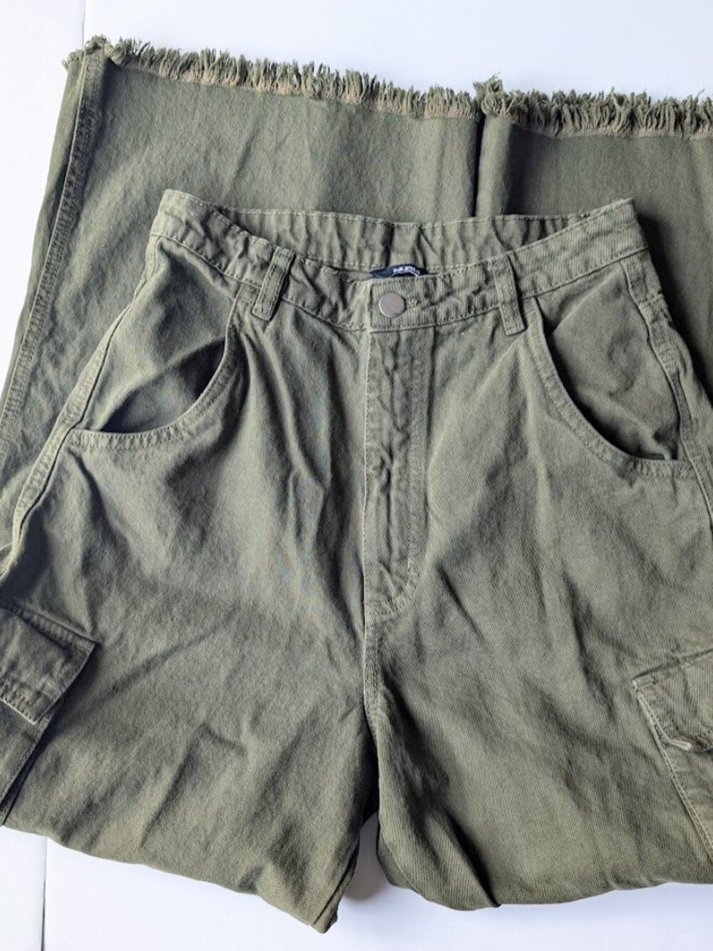 Nuon Womens Olive Green 100% Cotton Wide Leg Raw Hem Cargo Pants Size:26